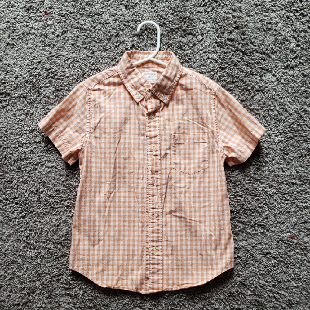 EUC J Crew Crewcuts Peach Gingham Short-sleeve Button-down Spring Shirt Size 6-7